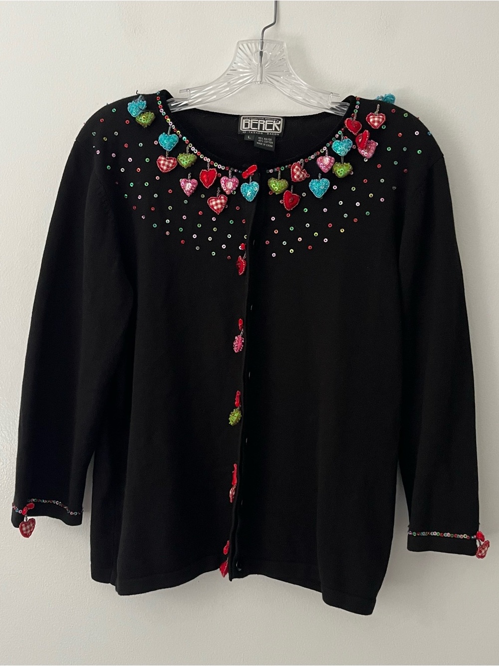 Vintage Berek Beaded Heart Sequin Valentines Novelty Grandma Sweater Art To Wear